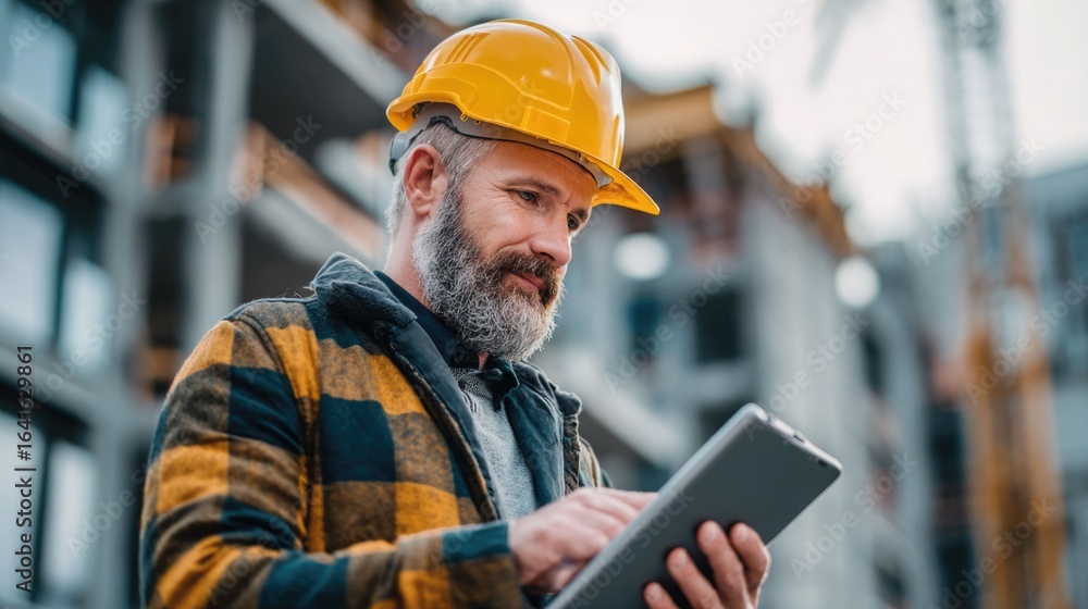 Poster civil engineer or architect with hardhat on construction site checking schedule on tablet computer