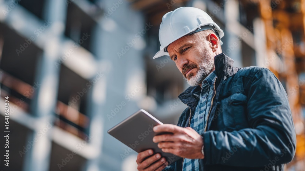 Poster civil engineer or architect with hardhat on construction site checking schedule on tablet computer