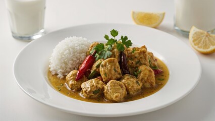 Chicken in green curry sauce served with rice