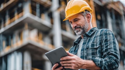 civil engineer or architect with hardhat on construction site checking schedule on tablet computer	
