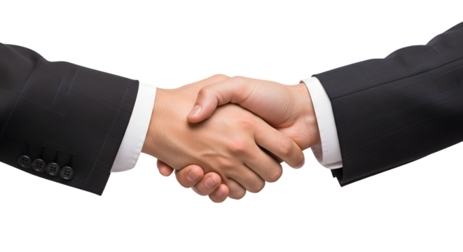 Two businessmen shaking hands in a formal agreement, isolated on transparent background