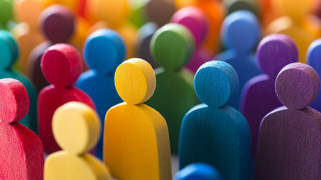 Colorful Wooden People Figures in a Crowd Concept for Diversity