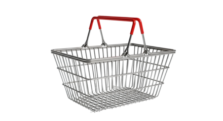 Empty metal wire shopping basket with red handles, isolated on transparent background