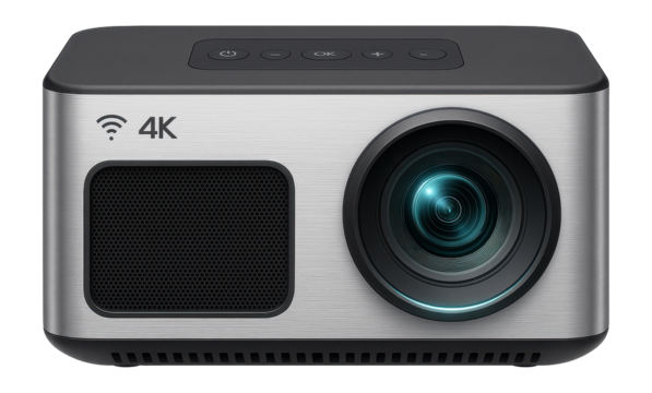 Wi-Fi 4K projector with an ultra-short throw lens and a brushed aluminum exterior