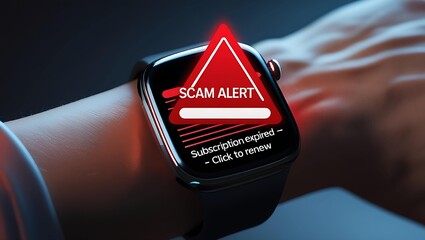 A close-up of a hand wearing a smartwatch displaying a scam alert notification in a dramatic lighting setting.