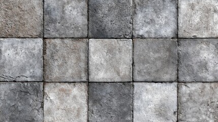 Naklejka premium Weathered gray concrete tiles forming geometric grid pattern, revealing textural surface ideal for architectural rendering, design backgrounds, showcasing industrial minimalist aesthetic