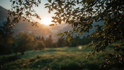 Fototapeta premium Soft-focus evening light casting a calm glow over a natural landscape of hills, grasslands, and trees, with a gentle breeze enhancing the serene atmosphere.