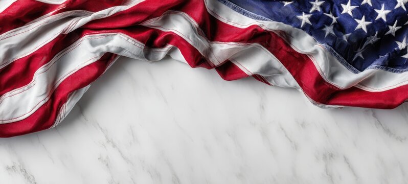 The American flag beautifully draped on a marble surface background