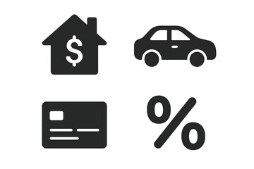 Financial loan service icons vector set. Solid filled mortgage house, auto loan car, credit card payment, interest rate symbol. Banking finance illustration. Black pictogram icons isolated on white.