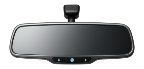 Connected rearview mirror with voice command functionality and anti-glare coating