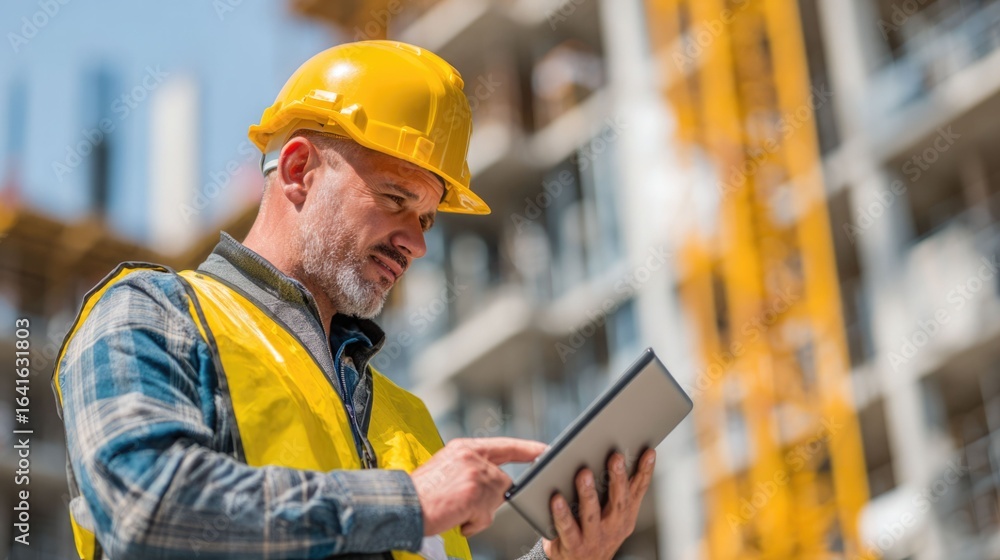Poster civil engineer or architect with hardhat on construction site checking schedule on tablet computer