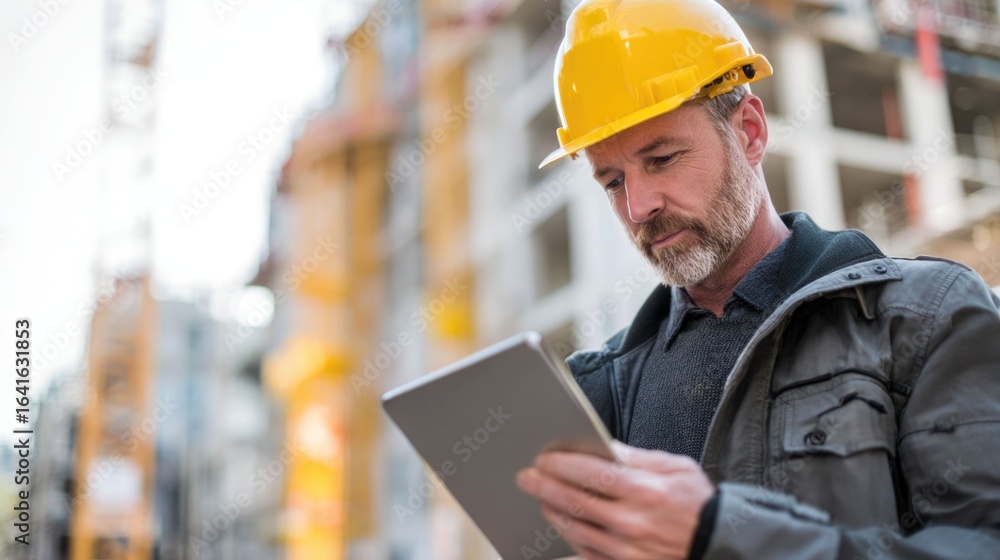 Poster civil engineer or architect with hardhat on construction site checking schedule on tablet computer