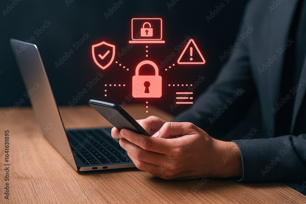 Poster cybersecurity professional securing mobile data with encryption technology, safeguarding digital ass