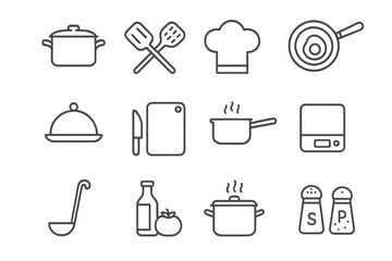 Set of kitchen and cooking line icons. Vector culinary symbols for food preparation, restaurant menu, recipe book or website. Editable outline chef and cookware utensils.