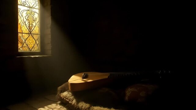 Dulcimer Resting in Stone Room with Golden Window Light