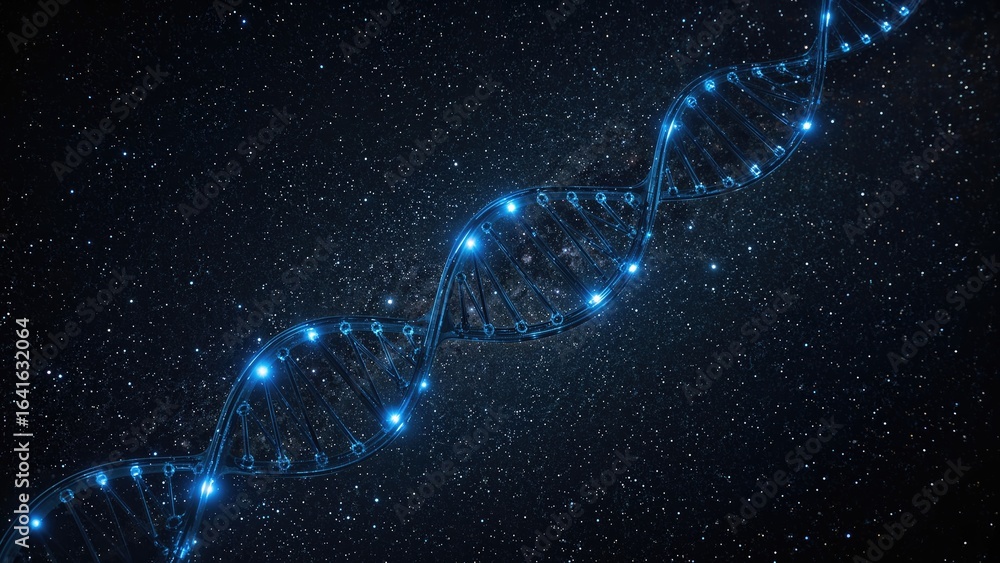 Poster artistic representation of dna set on a starry cosmic background with components sourced from a spac