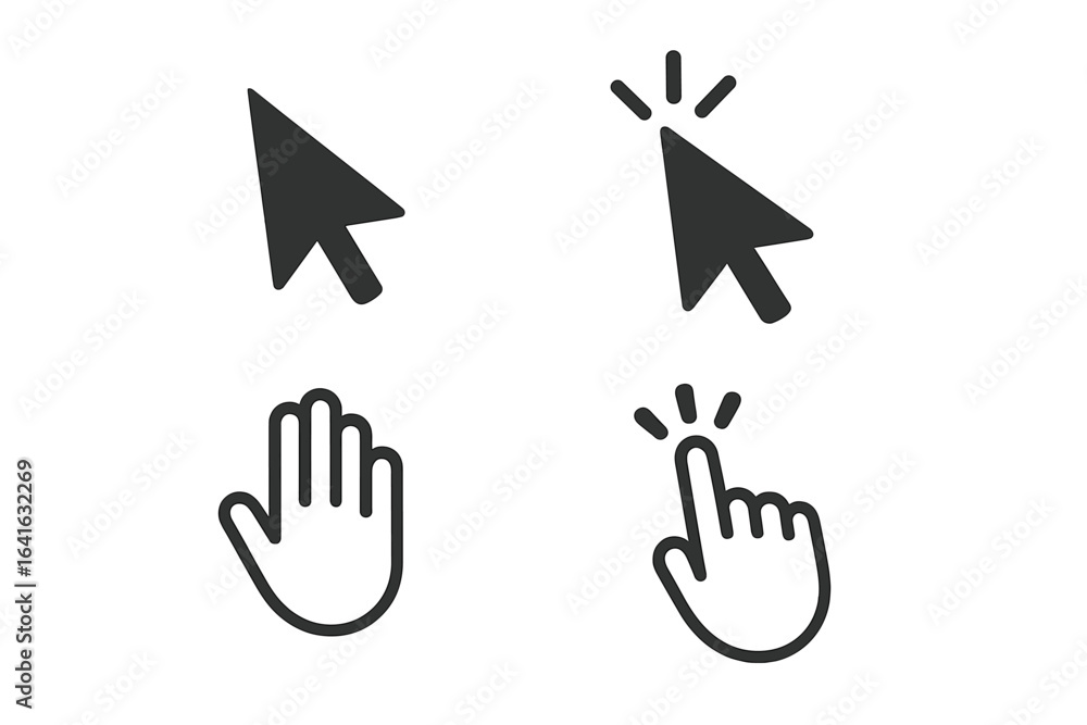 Poster mouse cursor pointer icons set. computer cursor arrow, hand, clicking gesture, pointer interaction. 