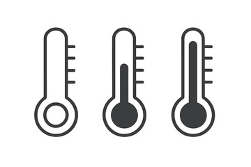 Set of flat linear thermometer icons with scale, low medium high temperature symbols, isolated vector elements, medical and weather temperature measurement illustration, healthcare design