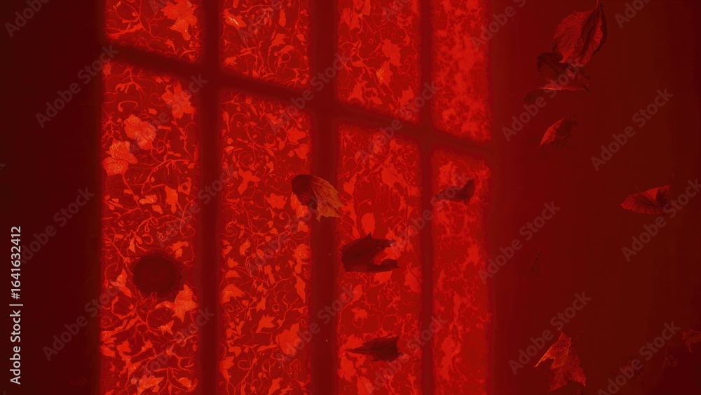 Poster red background featuring leaf shadows on a window pane
