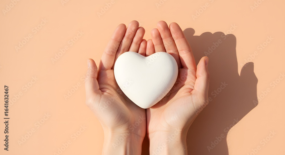 Poster hands gently holding a white heart shaped object against a soft peach colored background with shadow