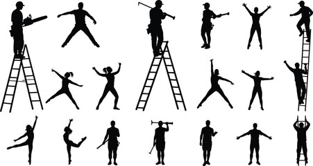 Silhouettes of workers and dancers in motion, on ladders and on ground, showcasing tools, balance, movement, expression, and coordination