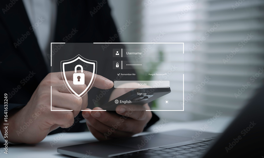 Poster businessman using smartphone with virtual login interface and security shield icon, cybersecurity, d