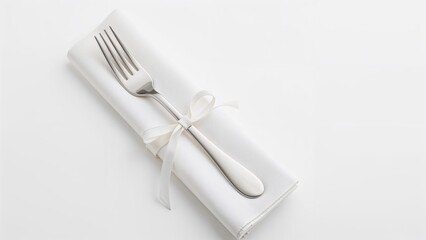 Cutlery set wrapped in a white cloth tied with a ribbon on a plain background