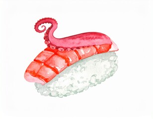 Exquisite Sushi Delight: A meticulously rendered watercolor illustration of a delectable sushi piece, showcasing fresh rice and beautifully presented seafood.
