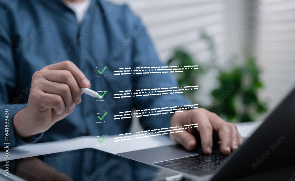 Aufkleber person using digital pen to mark green check boxes on virtual checklist interface, task management, 