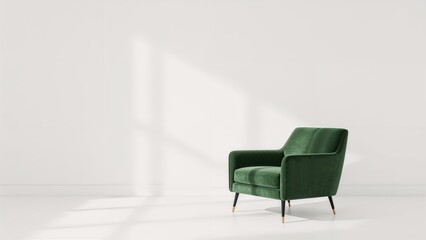 Obraz premium 3D living room scene showcasing a green velvet seat against a plain white interior