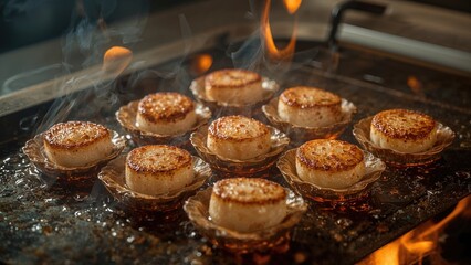 Fresh scallops in shells roasted on a fiery cooking surface
