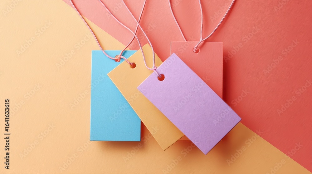 Poster colorful rectangular labels dangling from pink strings against soft pastel backdrop, highlighting de