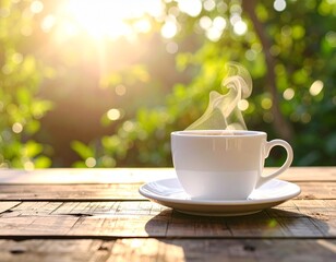 Obraz premium White coffee cup with saucer and spoon on a wooden table