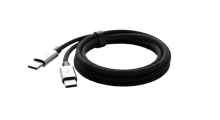 Black usb type c cable with metal connectors, isolated on transparent background