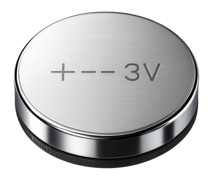 Alkaline coin cell battery with flat disc design and engraved voltage markings