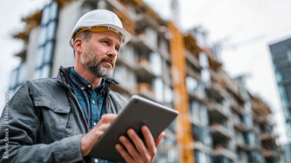 Poster civil engineer or architect with hardhat on construction site checking schedule on tablet computer