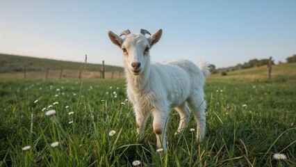 Infant goat in open pasture surrounded by nature