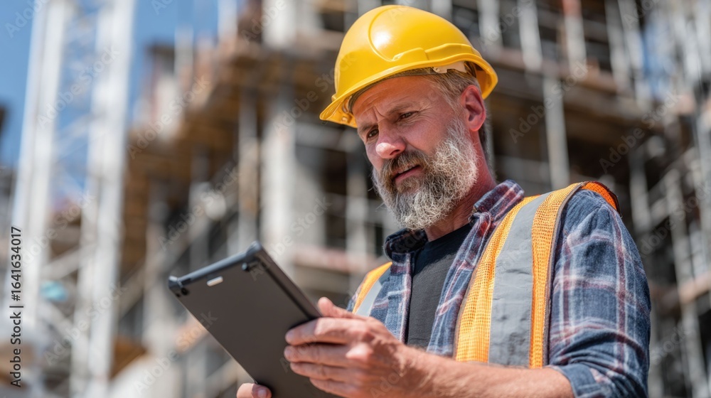 Poster civil engineer or architect with hardhat on construction site checking schedule on tablet computer