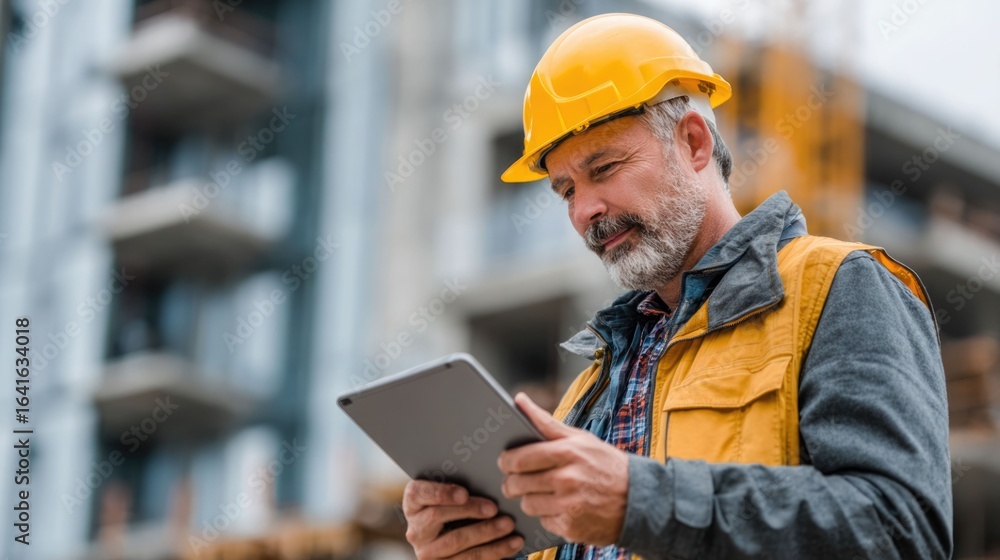Poster civil engineer or architect with hardhat on construction site checking schedule on tablet computer