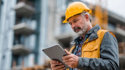 civil engineer or architect with hardhat on construction site checking schedule on tablet computer