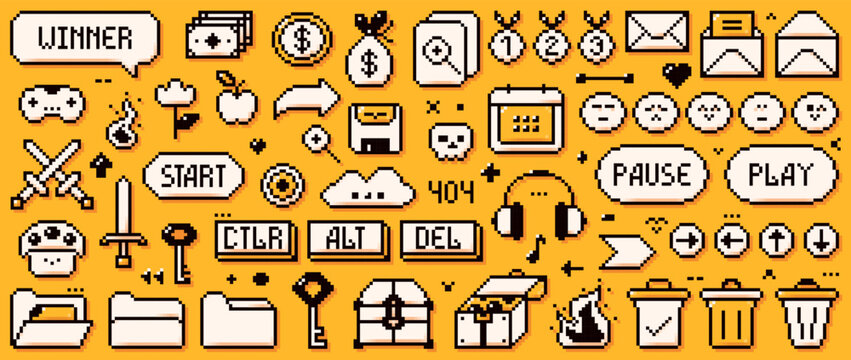 A big set of pixel game art 8 bit icons drawn in a yellow and white color. Speech bubbles, folders, console, ctrl, alt, delete buttons, headphones, caskets, floppy disk, fire, mushroom and etc.