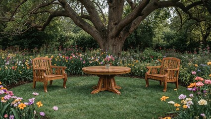 Obraz premium Wooden table and chairs arranged on green grass with flowers