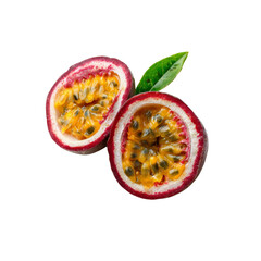 Two Halves of a Passion Fruit with Leaf on Black Background