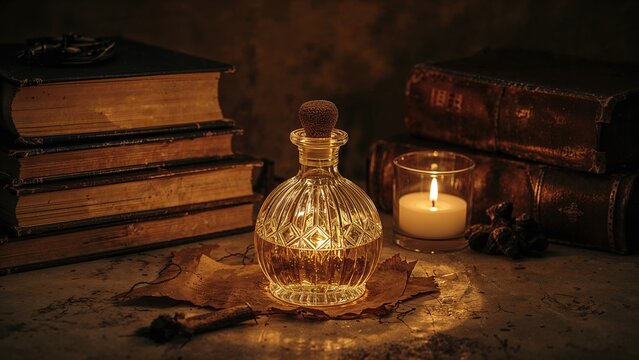 Golden magical drinks alongside aged papers and soft candle glow