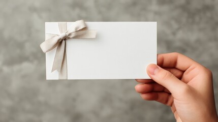 Hand holding white gift voucher with beige ribbon bow, positioned against textured gray surface, presenting elegant promotional template for retail marketing materials