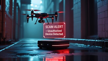 A drone hovers ominously above a device in a dimly lit alley, with a glowing 'Scam Alert' sign nearby.