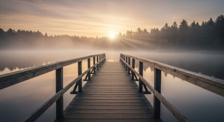 Fototapeta premium Sunrise Bridge: A tranquil scene of a wooden bridge extending across a misty lake towards the dawning sun, evoking a sense of serenity and the promise of a new day.