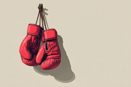 Vector design of a pair of boxing gloves hanging on a hook, with bold shadows, plain background, and ample copy space on the side. 