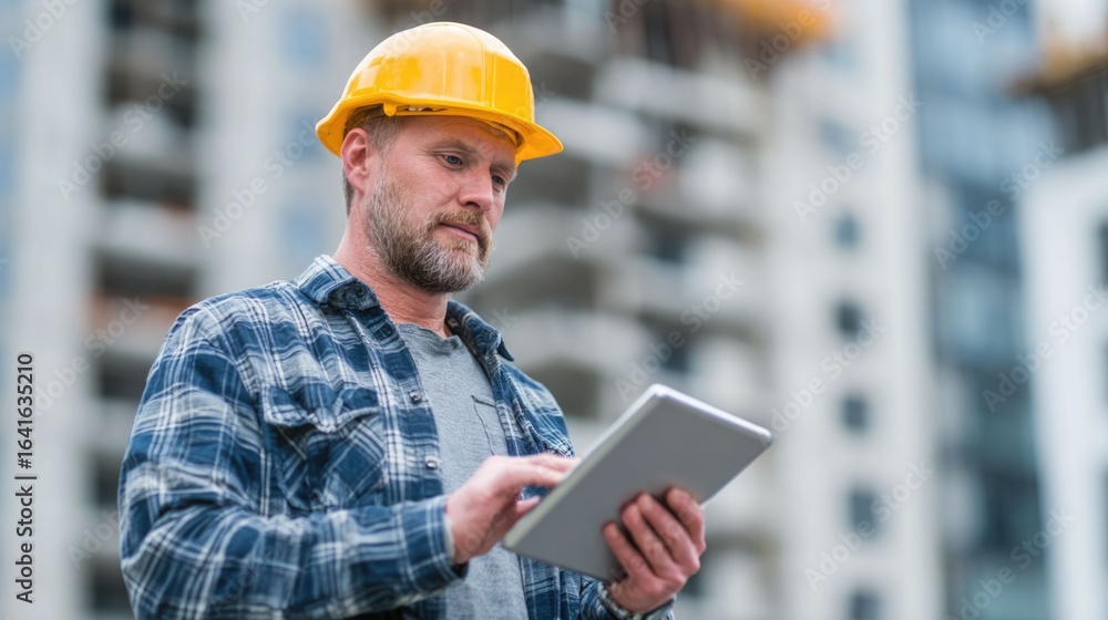 Aufkleber civil engineer or architect with hardhat on construction site checking schedule on tablet computer