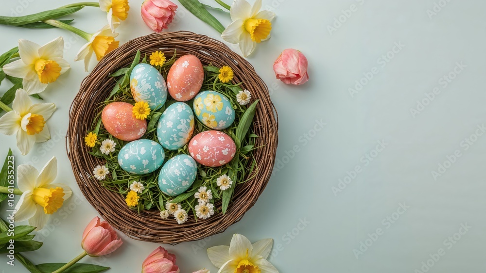 Poster festive easter display showcasing eggs in a nest accompanied by vibrant spring blooms. background de